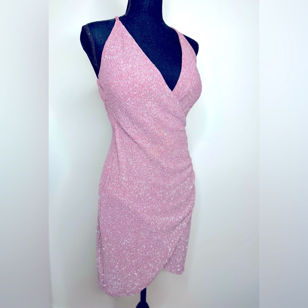 Spaghetti strap X back V neck pink sequin dress